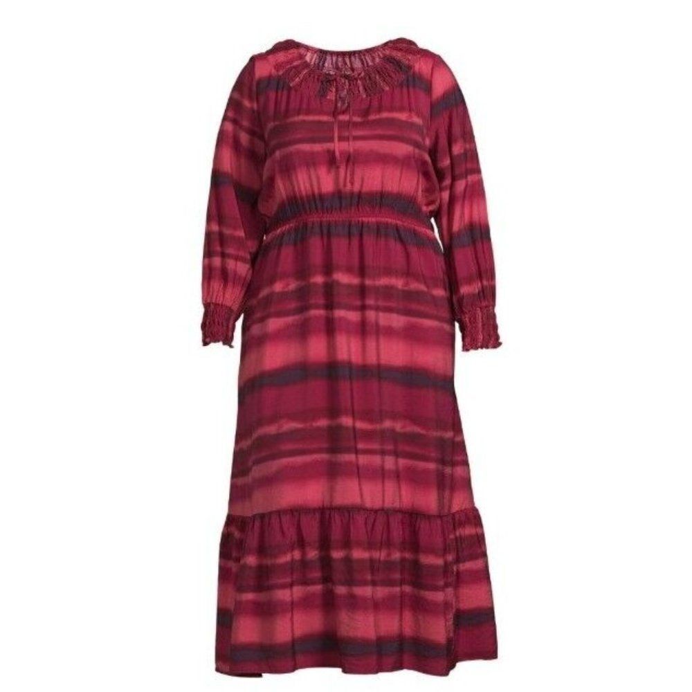 TERRA & SKY Peasant Tiered Long Sleeve Maxi Dress Plus 4X Washy Stripe Rose NWT